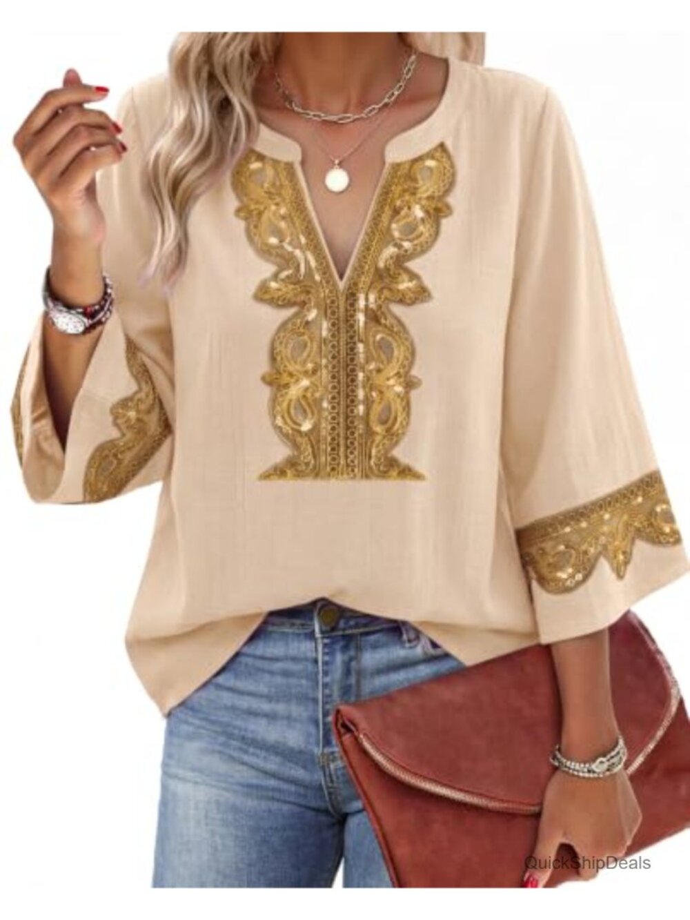 Womens Embroidered Lace V Neck 3/4 Bell Sleeve Tunic Top Flowy Boho Blouse